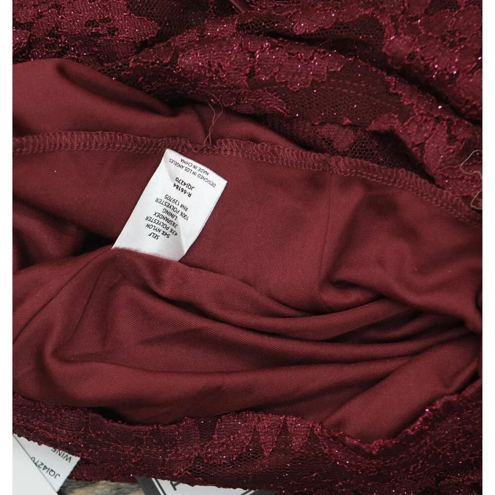 NWT Emerald Sundae Glitter Lace Bodycon Open Back Mini Dress Dark Red 2XS